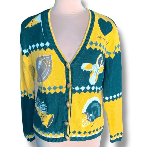Vintage Christopher & Banks Green Bay Packers Football Cardigan Sweater Small - Picture 1 of 11